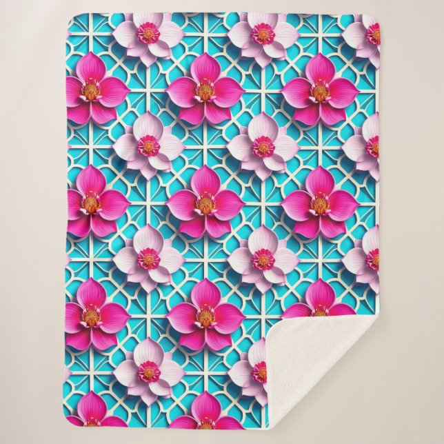 Couverture Sherpa Fleurs roses sur fond bleu géométrique (Devant)