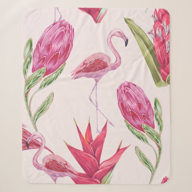 Couverture Sherpa Fleurs roses tropicales, protéa, oiseau de paradis (Devant)