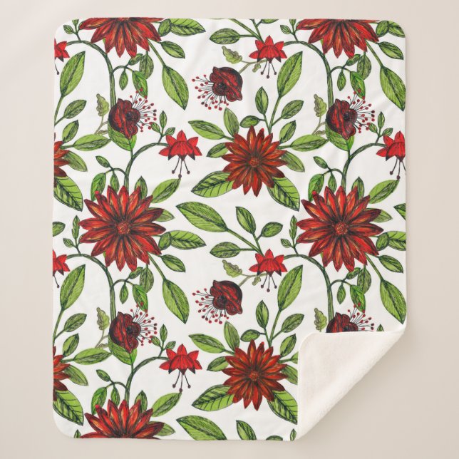 Couverture Sherpa Fleurs rouges abstraites et feuilles verts sur fon (Devant)