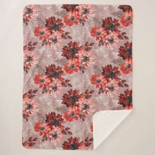 Couverture Sherpa Fleurs rouges, bordeaux.