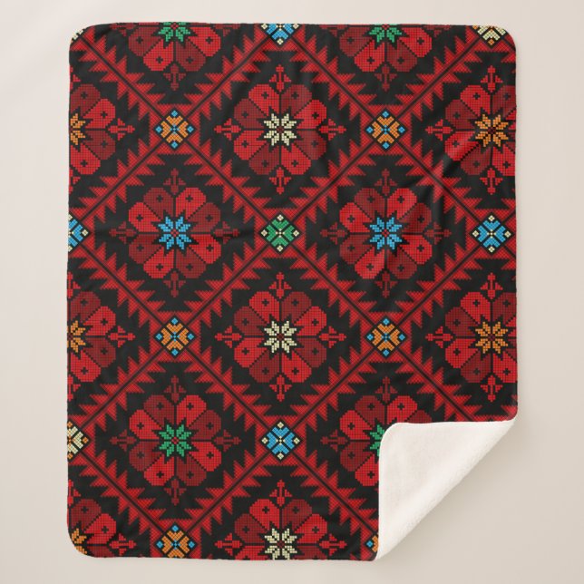 Couverture Sherpa Fleurs rouges Palestine Broderie tatreez Motif (Devant)
