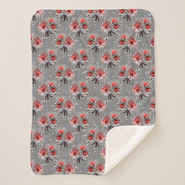 Couverture Sherpa Fleurs rouges sur gris (Devant)