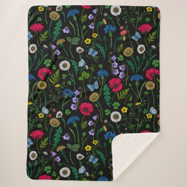 Couverture Sherpa Fleurs sauvages en noir (Devant)