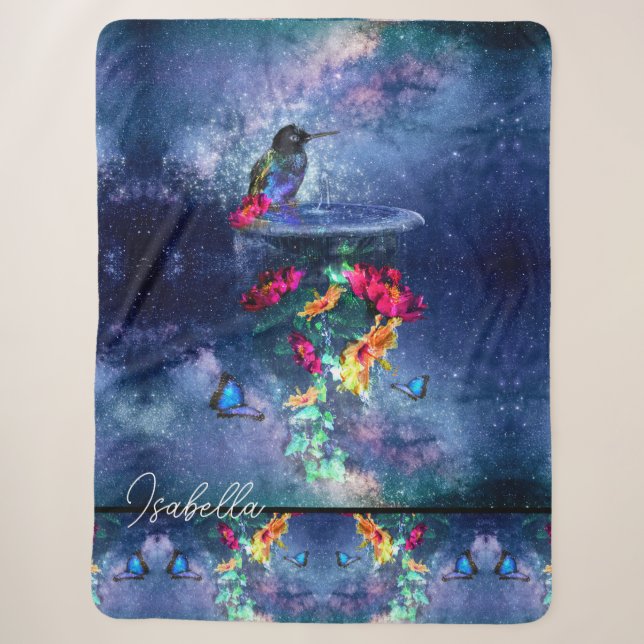 Couverture Sherpa Fleurs tropicales, colibri, papillon et étoiles (Devant)