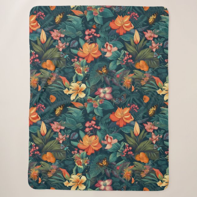 Couverture Sherpa Fleurs tropicales et Feuilles à papillons (Devant)