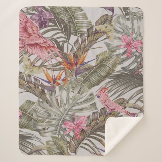 Couverture Sherpa Fleurs tropicales, feuilles de palmiers, oiseau de (Devant)