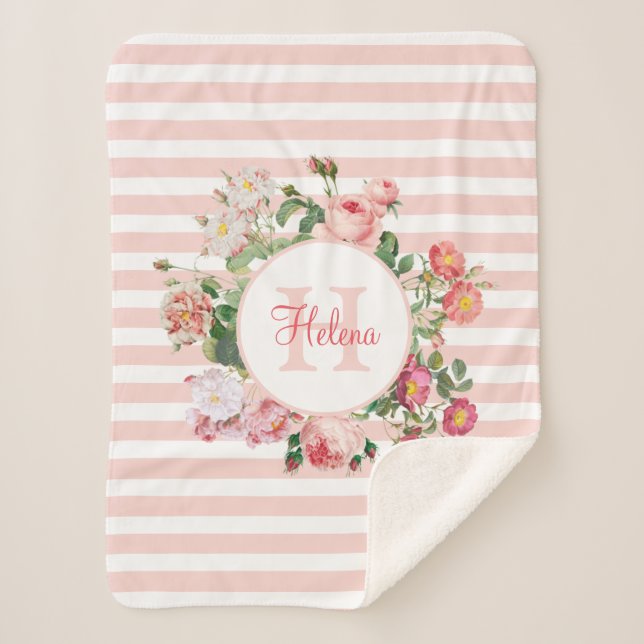 Couverture Sherpa Fleurs vintages Pink Stripes Monogramme (Devant)