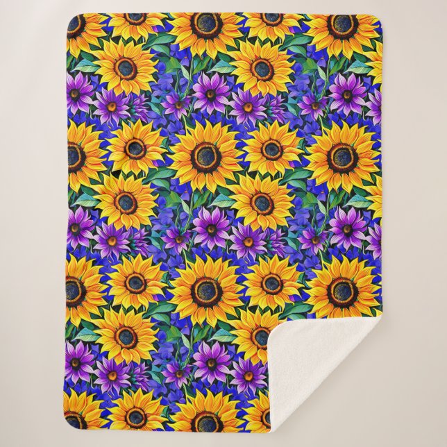 Couverture Sherpa Fleurs violettes et tournesols jaunes Floral (Devant)