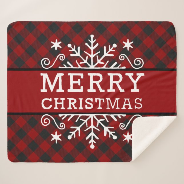 Couverture Sherpa Flocon de Noël Joyeux Noël à carreaux  (Devant (Horizontal))