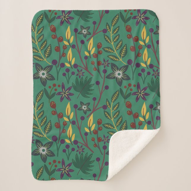 Couverture Sherpa Floral continu fleurs motif vert arrière - plan (Devant)