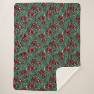 Couverture Sherpa Floral de Roses rouges vertes