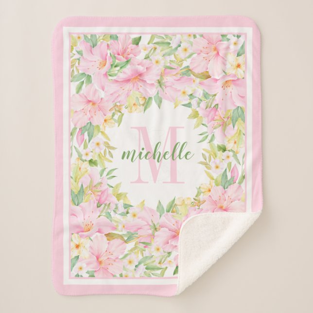 Couverture Sherpa Floral Monogramme Aquarelle Bleu rose bébé fille (Devant)