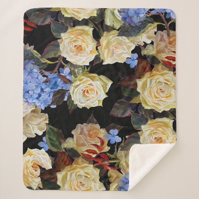 Couverture Sherpa Floral motif moderne, roses blanches, hydrangée bl (Devant)