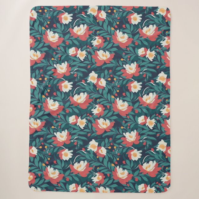Couverture Sherpa Floral rouge et blanc (Devant)