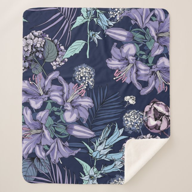 Couverture Sherpa Floral seamless pattern. There are Lily, Hydrangea (Devant)