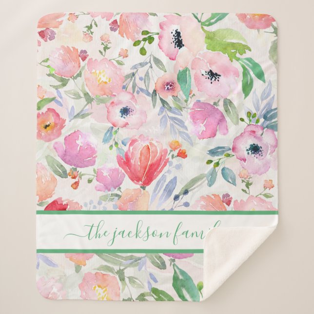 Couverture Sherpa Floraux rose aquarelle script de nom de famille (Devant)