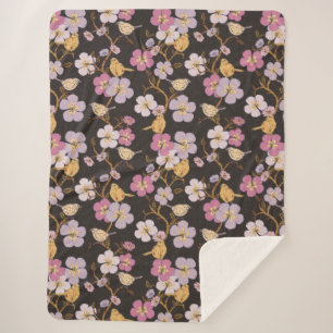 Couverture Sherpa Flore et oiseaux de traînée à Whimsical - Noir/Gri