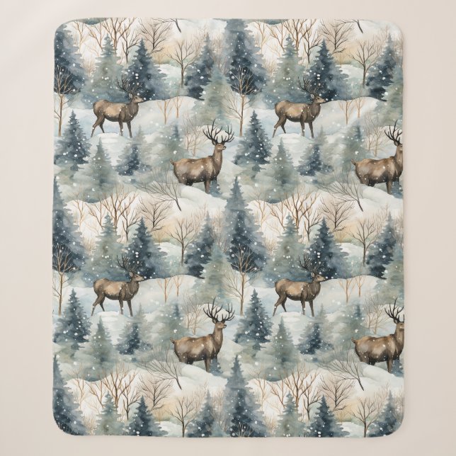 Couverture Sherpa Forêt de cerfs à l'aquarelle hivernale (1) (Devant)