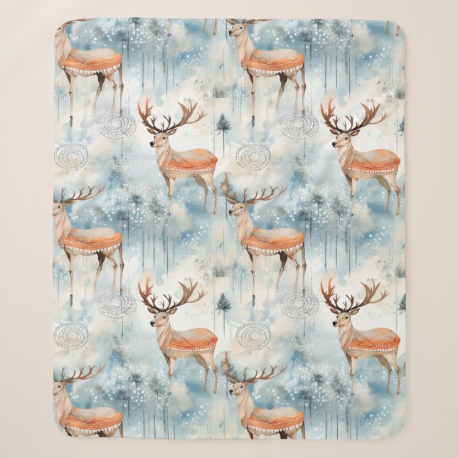 Couverture Sherpa Forêt de cerfs à l'aquarelle hivernale (3) (Devant)