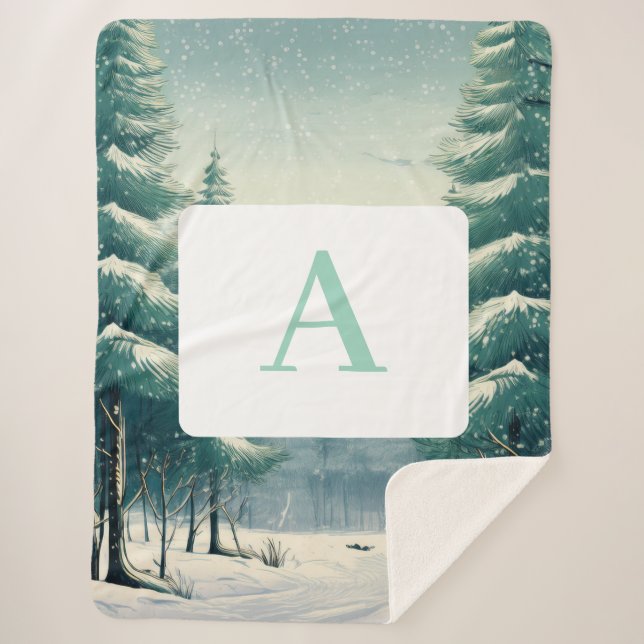 Couverture Sherpa Forêt d'hiver personnalisable avec Monogramme (Devant)