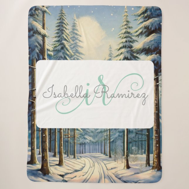 Couverture Sherpa Forêt d'hiver personnalisable avec Monogramme & No (Devant)