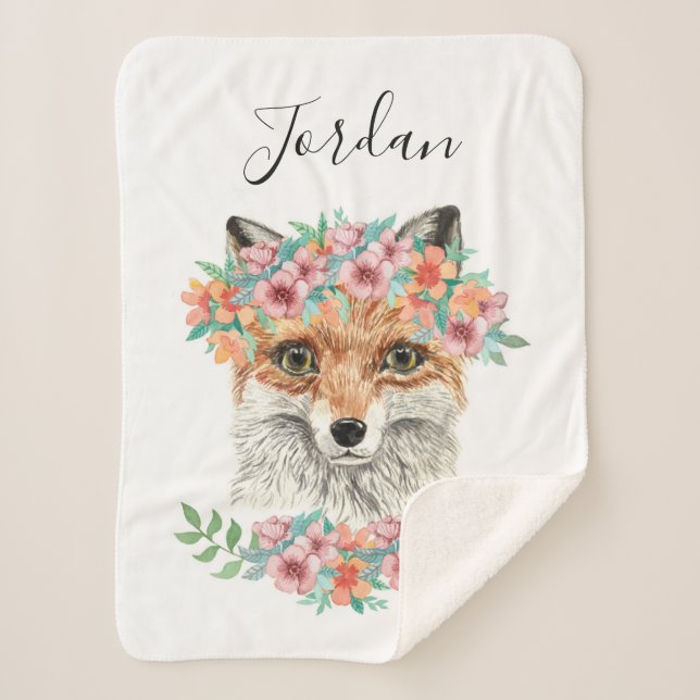Couverture Sherpa Fox floral | ajoutent votre nom (Devant)