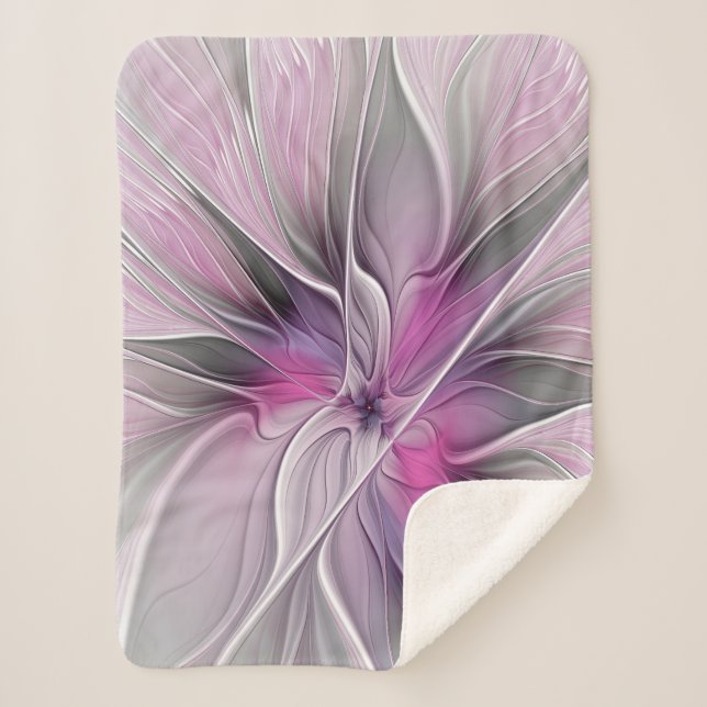 Couverture Sherpa Fractal Floral Moderne Abstrait Fleur Rose Gris (Devant)