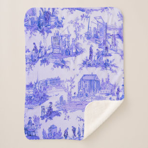 Couverture Sherpa Français Bleu Blanc Toile Chinoiserie Style Rustiq