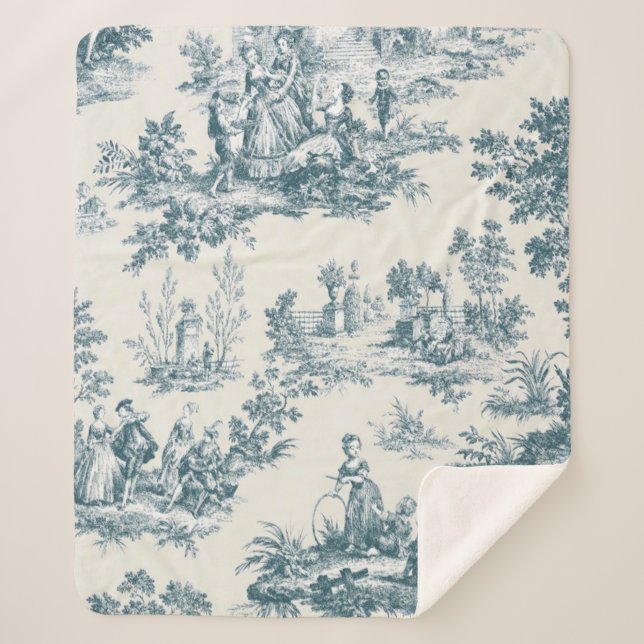 Couverture Sherpa Français toile de jouy sage vert élégant (Devant)