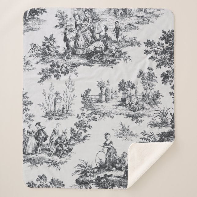Couverture Sherpa Française toile de jouy noir et blanc élégant (Devant)