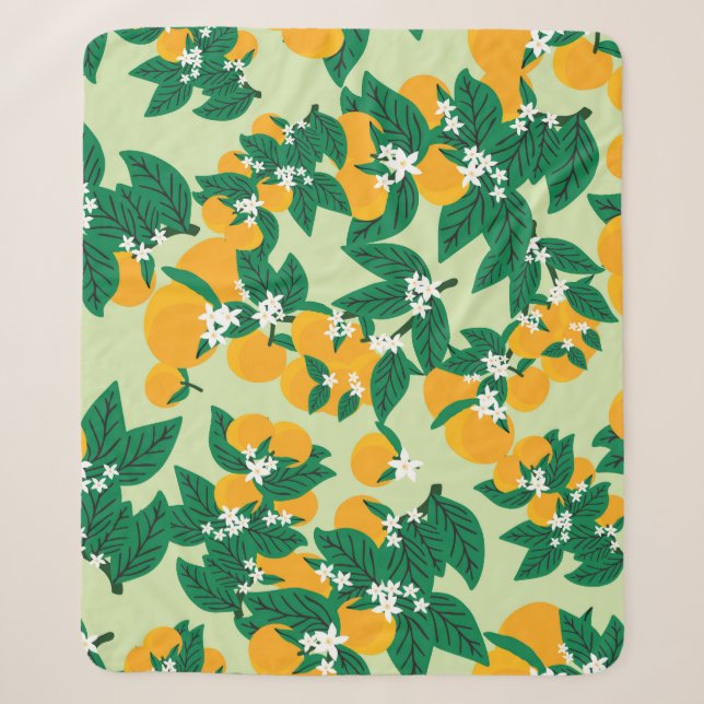 Couverture Sherpa Fruit orange : motif vintage vert. (Devant)
