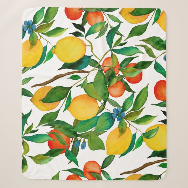 Couverture Sherpa Fruits d'agrumes, motif d'aquarelle vibrante. (Devant)