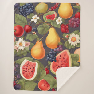 Couverture Sherpa Fruits variés, Feuilles luxuriants et fleurs merve