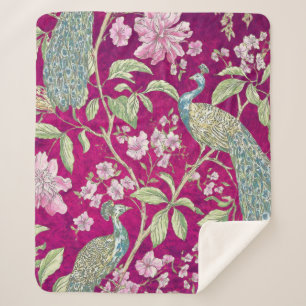 Couverture Sherpa Fuchsia Chinoiserie paon floral