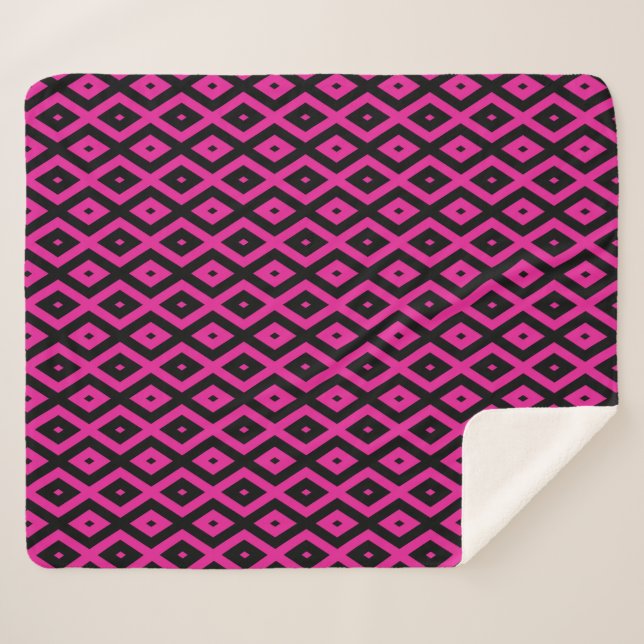 Couverture Sherpa Fuchsia et motif de diamants noirs (Devant (Horizontal))
