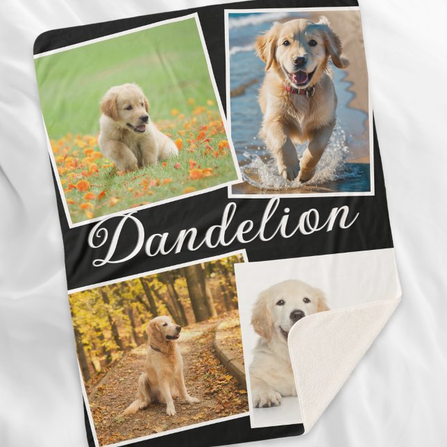 Couverture Sherpa Galerie de photos collage chic et moderne pour chi (A cozy sherpa blanket featuring four pet photos and custom name in script typography)