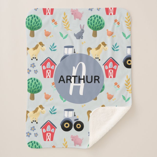 Couverture Sherpa Garçons Cute Blue Farm Animal Tracteur Motif Enfan (Devant)
