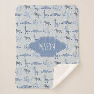 Couverture Sherpa Garçons Cute Blue Safari Animaux Motifs Enfants