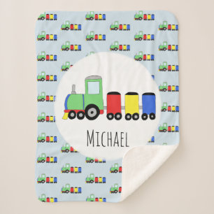 Couverture Sherpa Garçons Cute Blue Train Motif avec Name Kids