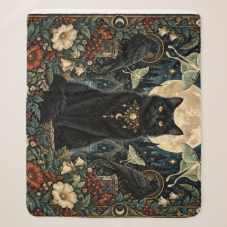 Couverture Sherpa Gato Negro Gótico Celestial con Luna y Cuervos.