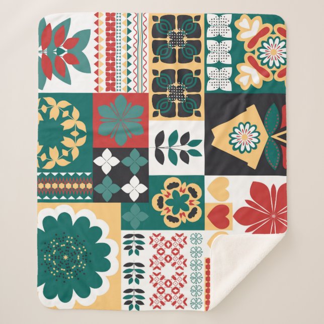 Couverture Sherpa Géométrique mexicaine : Ornement vert rouge. (Devant)