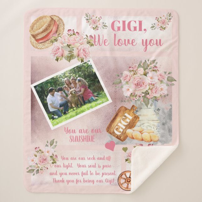 Couverture Sherpa Gigi We Love You Photo Rose Floral | Texte du scri (Devant)