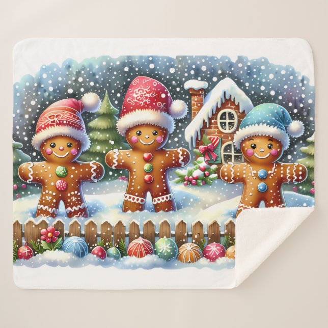 Couverture Sherpa Gingerbread Family Snowy Christmas Scene (Devant (Horizontal))