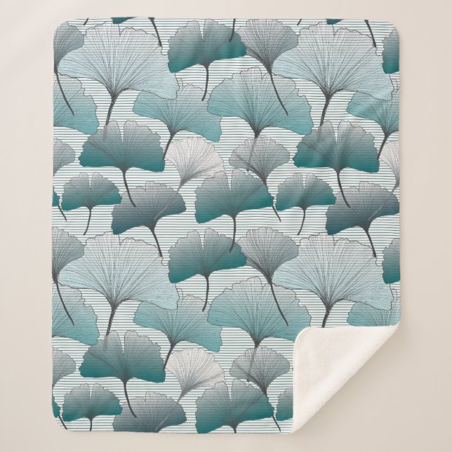 Couverture Sherpa Gingko biloba bleu motif sans soudure.  (Devant)