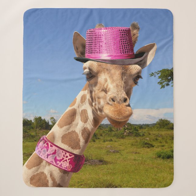 Couverture Sherpa Giraffe en casquette rose étincelant (Devant)