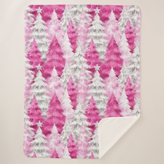 Couverture Sherpa Girly Pink Silver Glam Christmas Trees Stripes (Devant)