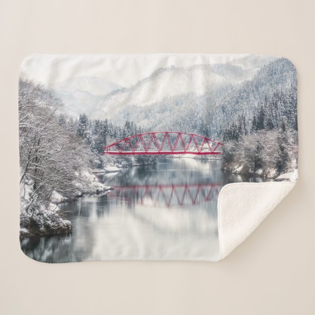 Couverture Sherpa Glace et neige | Pont rouge en hiver, Japon (Devant (Horizontal))