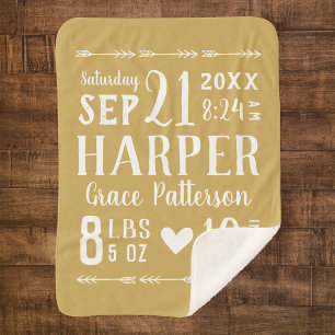 Couverture Sherpa Gold Baby Girl Stats de naissance Couleurs modif