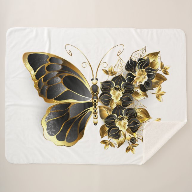 Couverture Sherpa Gold flower Butterfly with Black Orchid (Devant (Horizontal))