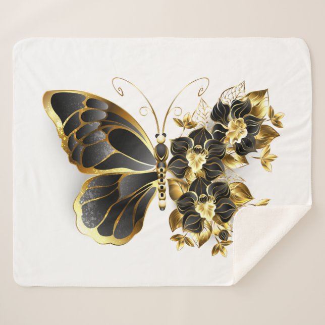 Couverture Sherpa Gold flower Butterfly with Black Orchid (Devant (Horizontal))